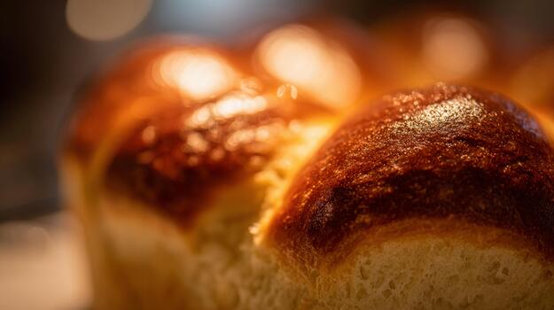 Close-up view of a golden brown bread roll with a shiny surface photo