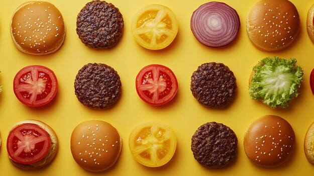 Vibrant flatlay of burger ingredients arranged on a yellow background. photo