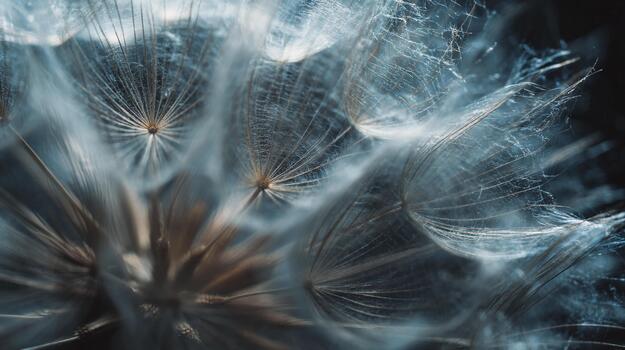Dandelion fluff floating gently in sunlight captures nature's delicate beauty photo