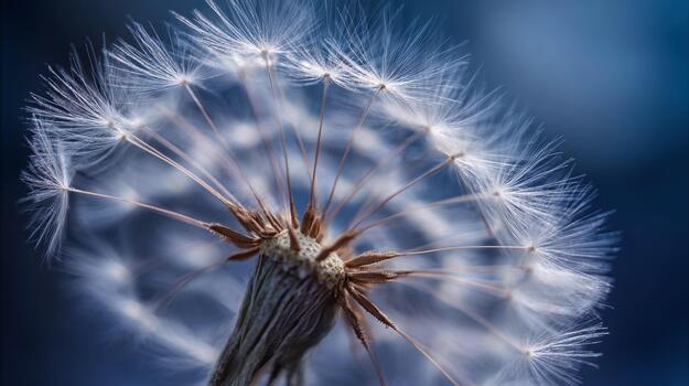Dandelion fluff captures delicate beauty in soft blue background photo