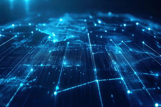 Digital network connections glowing in blue across an abstract landscape photo