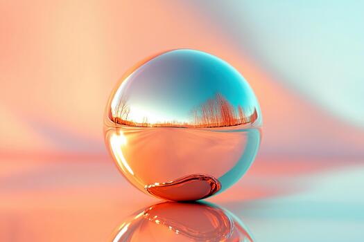 Reflective sphere capturing sunset colors and serene landscape in soft light photo
