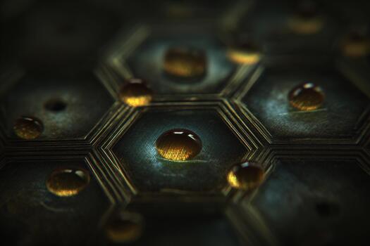 Close-up view of water droplets on a hexagonal surface with light reflections photo