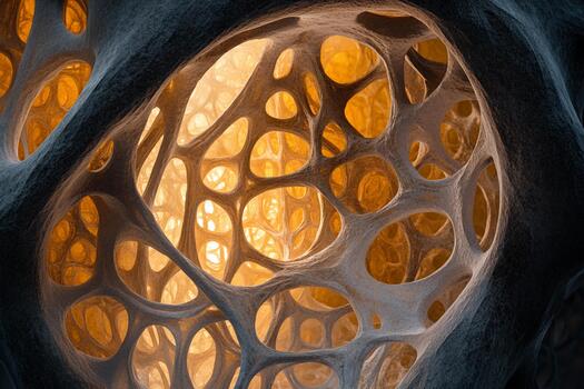 Intricate network of patterns illuminated by warm light in a dark space photo