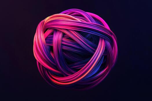 Colorful twisting strands create a vibrant abstract sphere in dark background photo