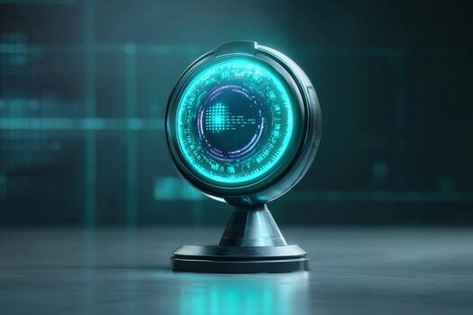 Futuristic digital globe with glowing display on a sleek base photo