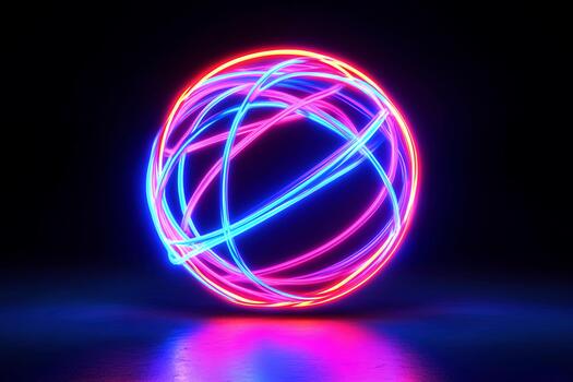 Bright neon light orb with swirling colors in a dark environment photo