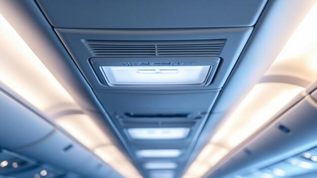 View of airplane cabin lighting and ventilation system during flight photo