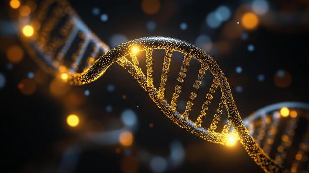 Glowing DNA double helix surrounded by sparkles in a dark setting photo