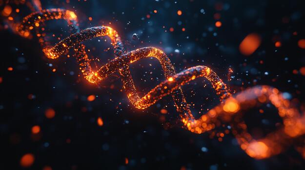 Glowing chain with fiery particles floating in a dark background photo