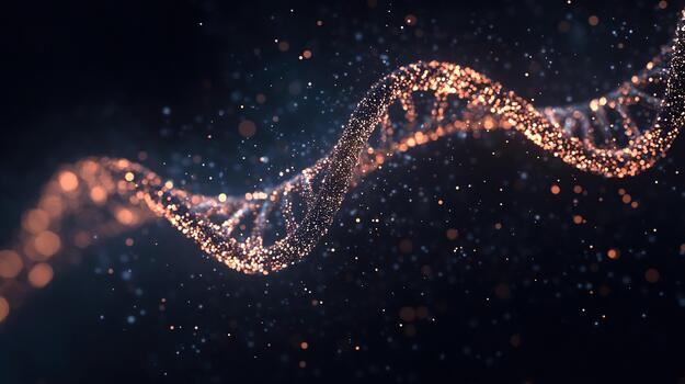 Stunning close-up view of a shimmering DNA strand in a dark background photo