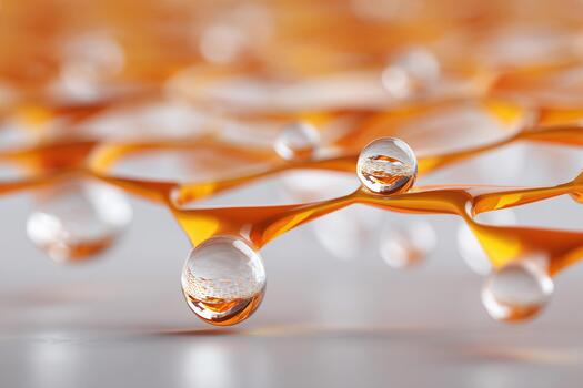 Water droplets on a textured surface with orange details and reflections photo