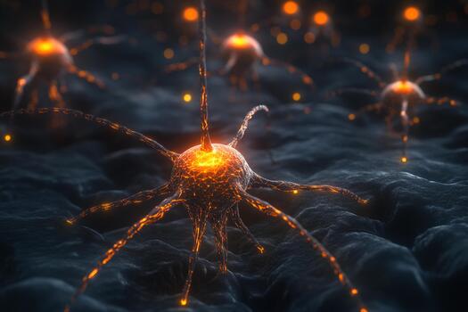 Intricate network of glowing neurons in a dark environment at the microscopic level photo