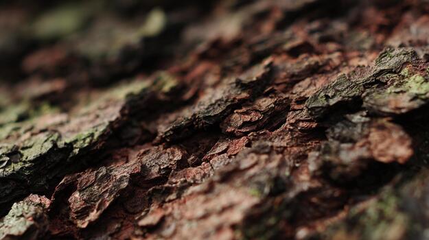 Detailed close-up view of textured tree bark revealing natural patterns and colors photo