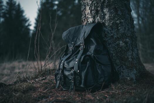 Backpack resting against a tree in a quiet forest during twilight hours photo