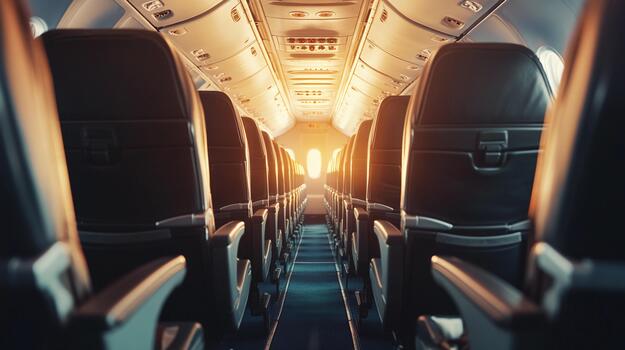 Sunlight streaming through airplane windows on a journey at sunset photo