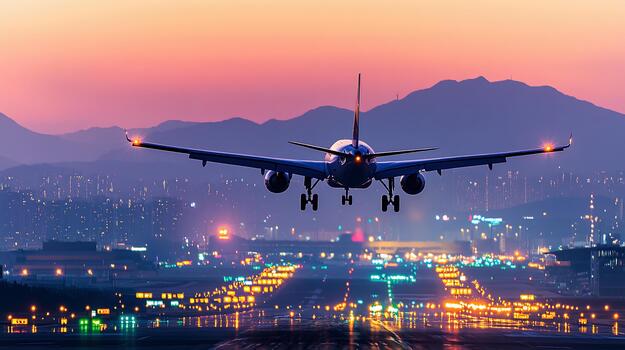 Plane landing at sunset over a busy airport runway with mountains in background photo