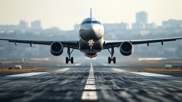 Airplane landing on runway in early morning light with city skyline in background photo