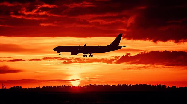 Airplane landing at sunset over silhouette of trees and clouds photo