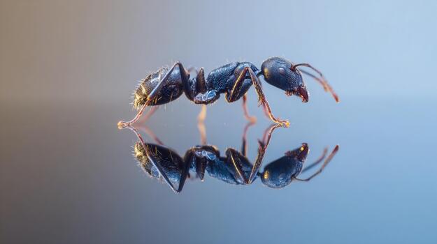 Black ant walking on reflective surface with clear background photo