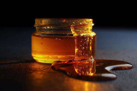 Golden honey spills from a jar on dark surface with reflections and textures photo