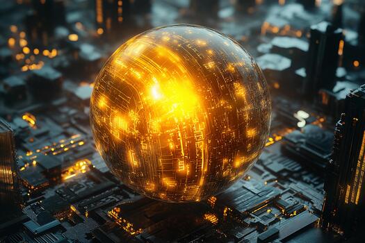 Golden sphere floating above a futuristic cityscape at night with glowing lights photo