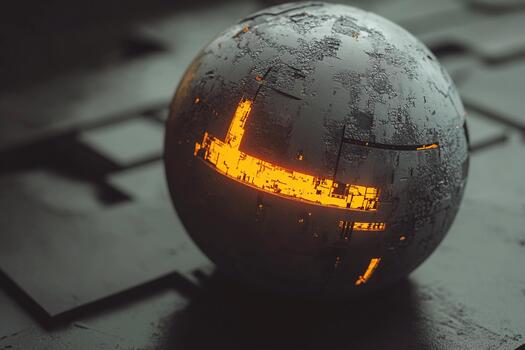 Abstract metallic sphere illuminated with vibrant orange light on dark background photo