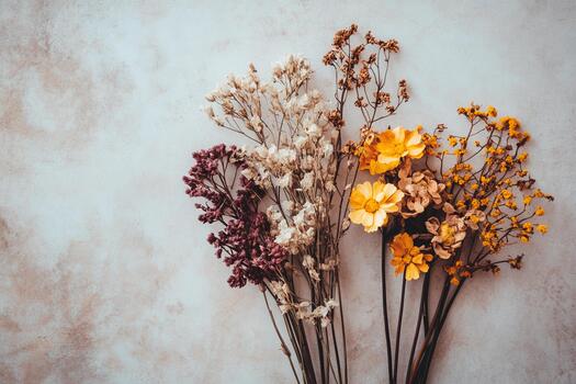 Dried flowers arranged neatly on a light textured background for decor photo