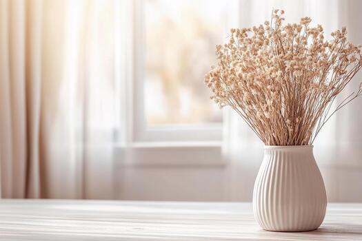 Dried flower arrangement in a white vase on a wooden table by the window photo
