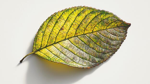 Detailed close-up view of a green and yellow leaf resting on a plain surface photo