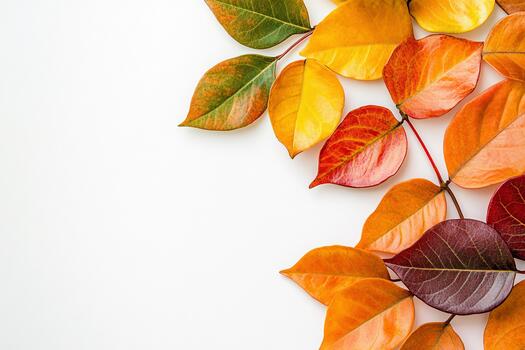 Colorful autumn leaves arranged on a white background create a seasonal display photo