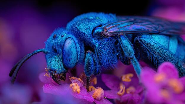 Bright blue insect collects nectar from flowers in vibrant colors and soft light photo