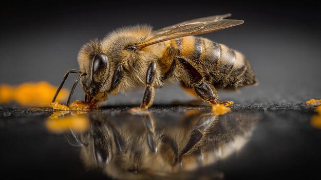 Honeybee collecting pollen on a dark surface in close-up view photo