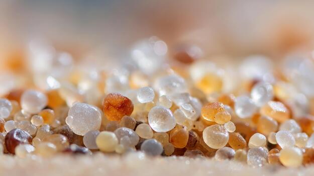 Close-up view of colorful sand grains on a sunny beach setting photo