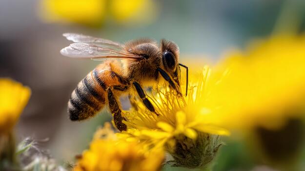 Bee pollinates a bright yellow flower in a sunny garden setting during spring photo