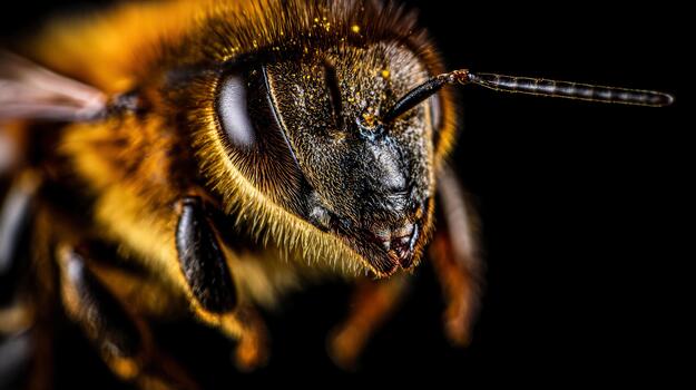 Close-up view of a bee showcasing its details and textures while collecting pollen photo