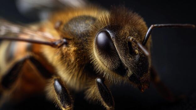 Close-up view of a honey bee showcasing intricate details of its features photo
