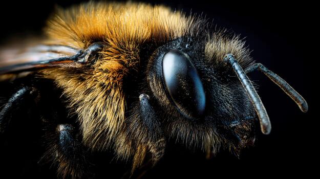 Close-up view of a bee highlighting its intricate features and textures photo