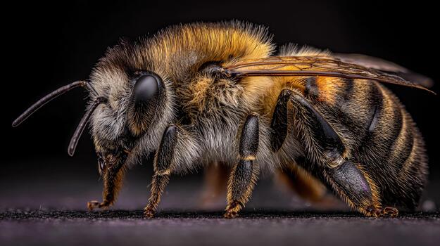 Detailed close-up of a bee showing its features and textures in natural lighting photo