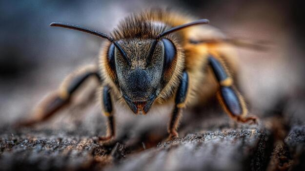 Close view of a bee resting on wood in a natural setting at dusk photo
