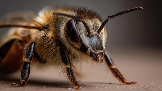 Close-up view of a bee on a surface highlighting its intricate features photo