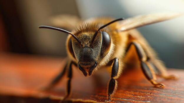 Close view of a bee resting on wooden surface in natural light photo