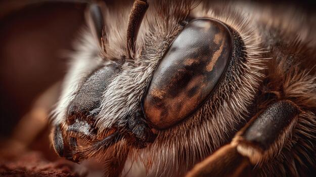 Close-up view of a bee showing details of its face and eyes in natural habitat photo