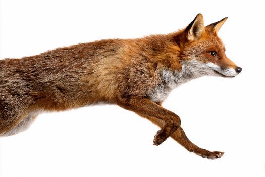 Fox jumps with grace against a clean white background in high-speed action photo