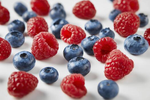 Fresh blueberries and raspberries scattered on plain background for healthy snack photo