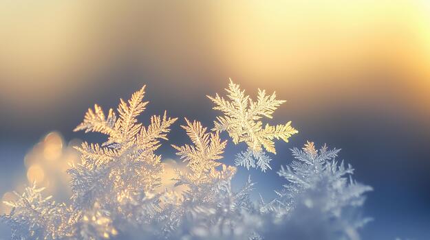 Frost crystals delicately forming on window with soft, warm light in the background photo