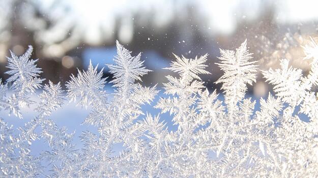 Frost crystals form intricate patterns on a window during winter mornings photo