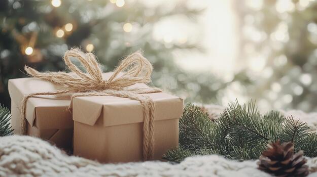 Christmas gift boxes on a white table with soft warm light and pine elements photo