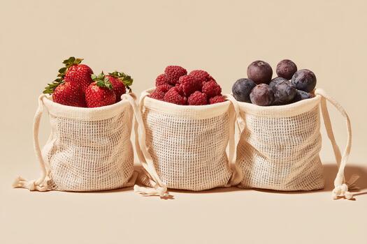Reusable produce bags filled with fresh berries on a plain background photo