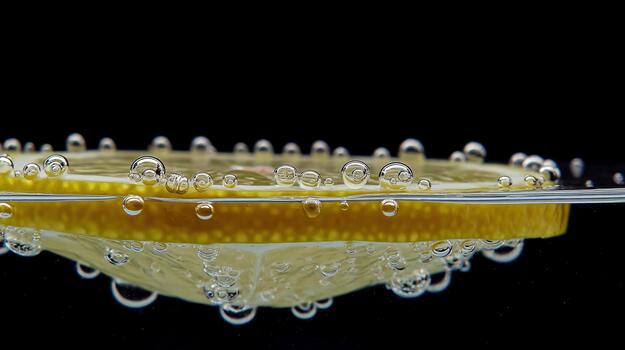 Lemon slice floating in water with realistic bubbles reflecting in the surface photo